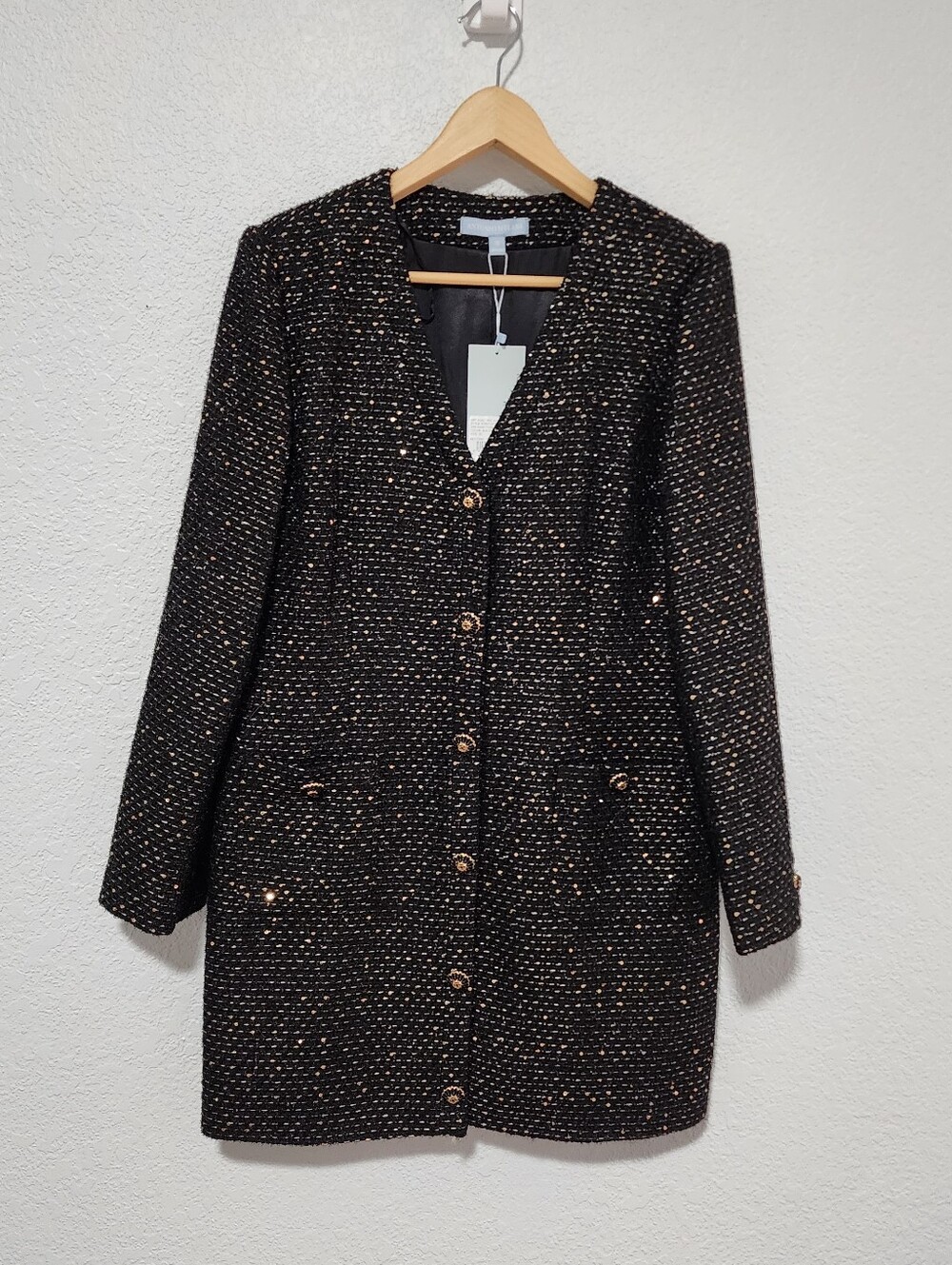 Antonio Melani Longline Tweed Blazer Dress Black Gold 10 Medium Evening Wear NWT